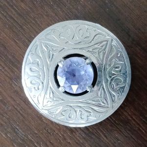 Vintage Celtic Design Brooch/Kilt Pen, Scotland 2" Silvertone, Purple Center